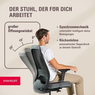 Ергономічне офісне крісло Interstuhl STYLE Air + з синхромеханізмом, 4D-підлокітниками та підтримкою попереку, чорне, Made in Germany