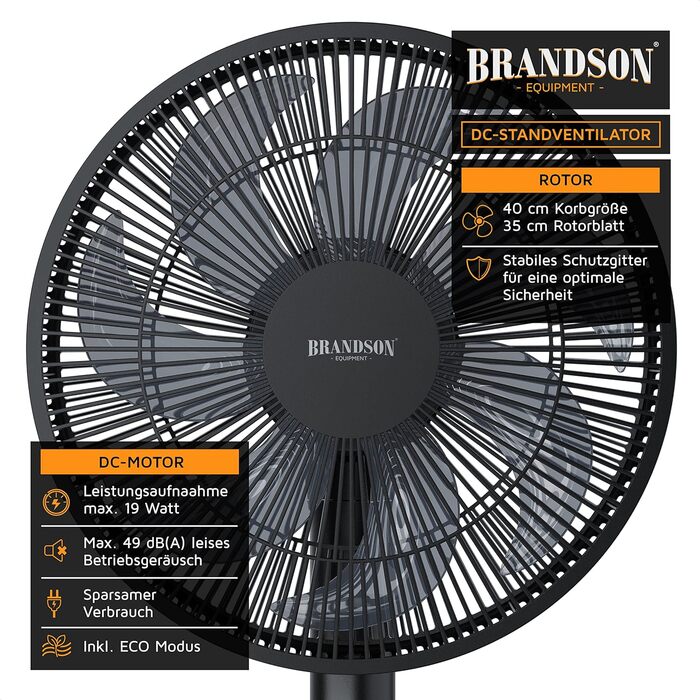 Вентилятор Brandson ECO DC, енергозберігаючий, 9 режимів, турбо, безщітковий тихий мотор, пульт, таймер, осциляція 60°/90°/120°, білий