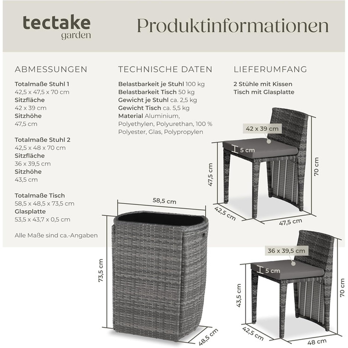Комплект садових меблів TecTake з поліротанга, 2 стільці та стіл, сірої кольору, для саду, балкона, тераси, компактний, для вулиці