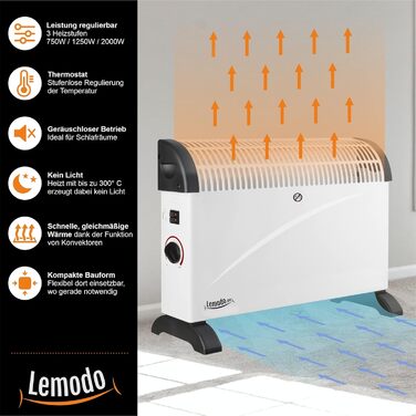 Електричний конвектор LEMODO з 3 режимами потужності 750/1250/2000 Вт, мобільний енергозберігаючий обігрівач без газу та олії