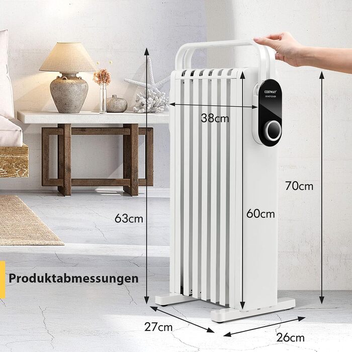 Електричний масляний радіатор COSTWAY 1500W, 7 секцій, регулювання температури 5-35℃, 3 режими потужності, мобільний обігрівач з колесами та захистом від перегріву, Білий