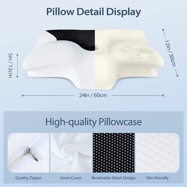 Ортопедична подушка HOMCA з піни Memory Foam, ергономічна подушка для підтримки шиї та голови, для сну на боці, спині та животі, знімний чохол, чорна, 60x35x8/12 см