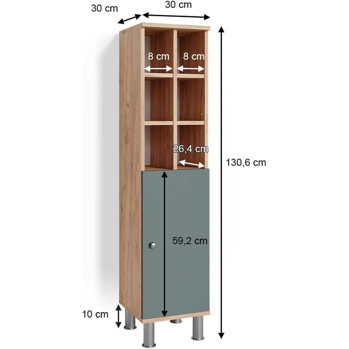 Пенал для ванної Vicco Fynn, зелений/дуб золотий, 30x130,6 см, з великою дверцятю