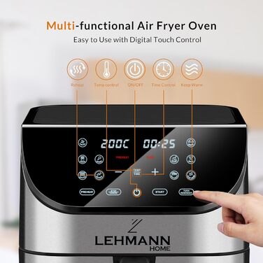Аерофритюрниця Lehmann XXL 8 л, 1800 Вт, цифровий LED-екран, 10 програм, регулювання температури 76-200°C, таймер, приготування без олії, для здорового харчування