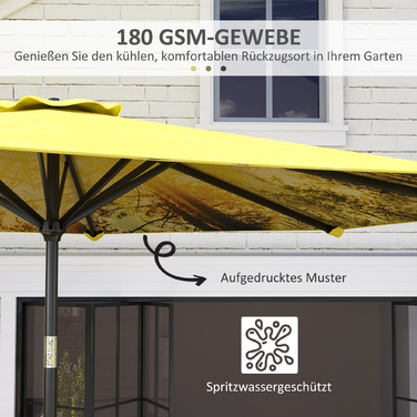Outsunny Parasol Ø300 см, Парасолька з ручною рукояткою, візерунок, восьмикутний балкон Парасолька Пляжна парасолька Вітрозахисна стайня Ринкова парасолька Парасолька Сонцезахисний козирок для пляжу Балкон Патіо Сад, жовтий