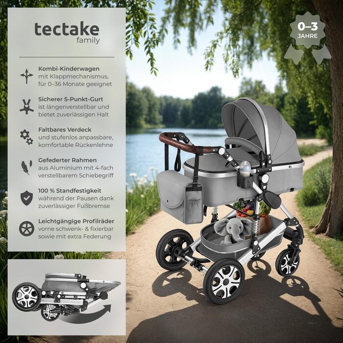 Дитяча коляска Tectake 2 в 1, розкладний візок-бугі з функцією ліжечка, з підставкою для ніг, візок з тримачем для напоїв, знімною колискою та дощовиком (Сірий)