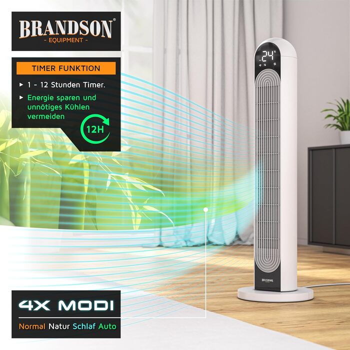Вентилятор tower Brandson DC надтихий - з еко-дизайном, 12 швидкостей, 4 режими (нормальний, природа, сон, авто), з функцією коливання