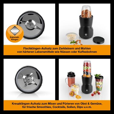 Блендер KOCHWERK Smoothie Maker 12-в-1, 4 чаші, To-Go кришка, подрібнення льоду, для фруктів, овочів і горіхів, міні-стаціонарний, BPA-Free, чорний
