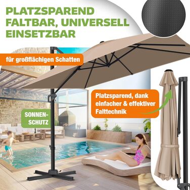 Парасолька від сонця KESSER Sun XL 300x300 см, підвісна модель з поворотом 360°, регулюванням нахилу та захистом від вітру, UV50+, колір тауп