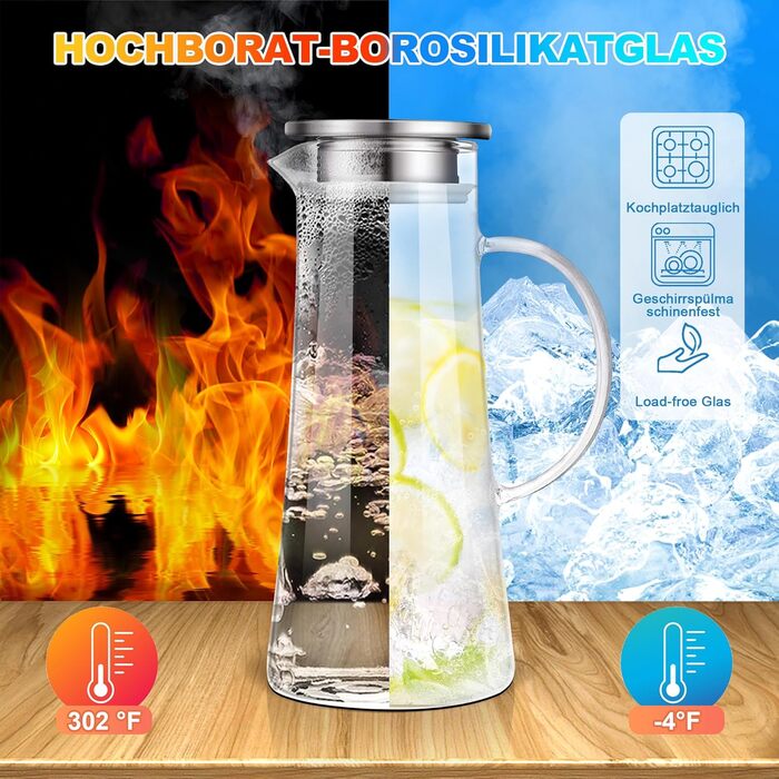 Скляна карафа SUSTEAS 2.0 літри з кришкою для води, чаю, кави, соку та вина