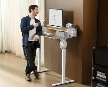 Електричний стіл-трансформер WALKINGDESK з дуба, 140x61 см, регульований письмовий стіл із 2 шухлядами для домашнього офісу, ергономічний стіл-сидячи-стоячи з полицею, тримачем для ручок та гачками