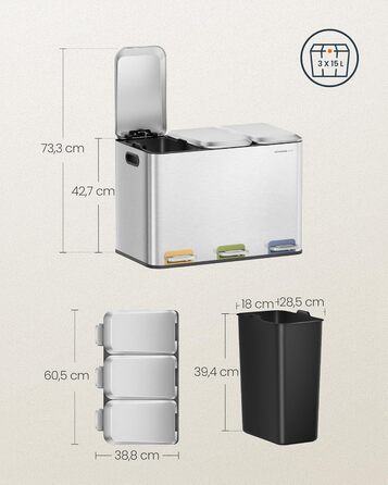 Сортувальний смітник SONGMICS HOME для кухні, 3×15 л, сталевий, з кольоровими педалями, кришками та внутрішніми відрами, металік