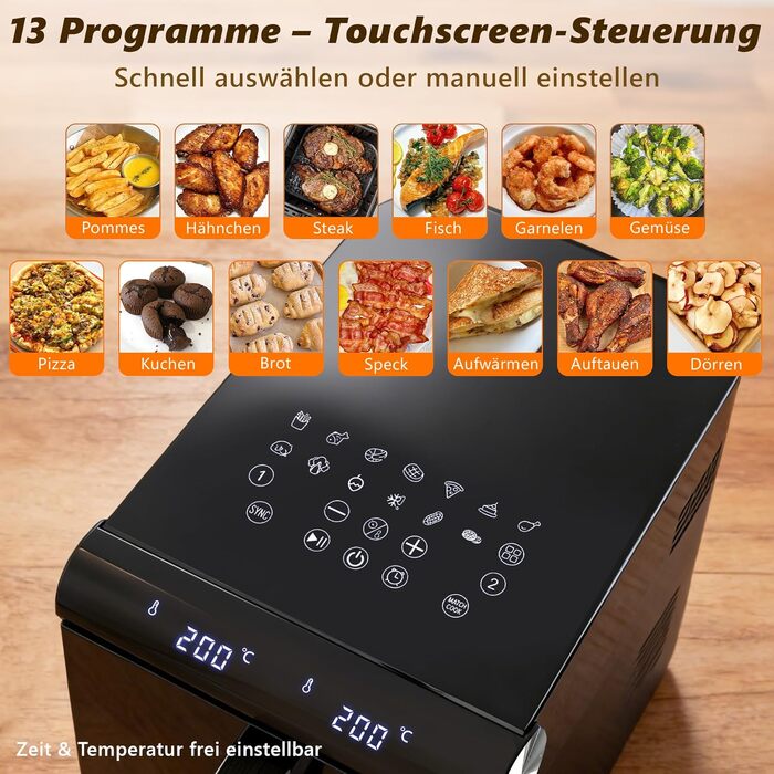 Аерофритюрниця Citybee XXL 10L (5L+5L) з двома камерами та вікном, Dual Zone Airfryer 2200W, сенсорне керування, таймер 24г, чорна