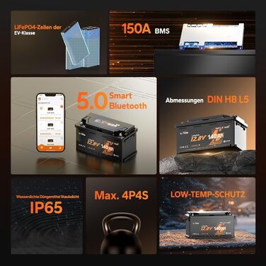 LiFePO4 акумулятор LiTime 12V 140Ah H190 з Bluetooth для кемпера та автобудинку, літієва батарея