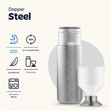 Сталева пляшка для води Dopper 800 мл, срібляста — герметична спортивна фляга з нержавіючої сталі 18/8, без BPA, для спорту, офісу та подорожей