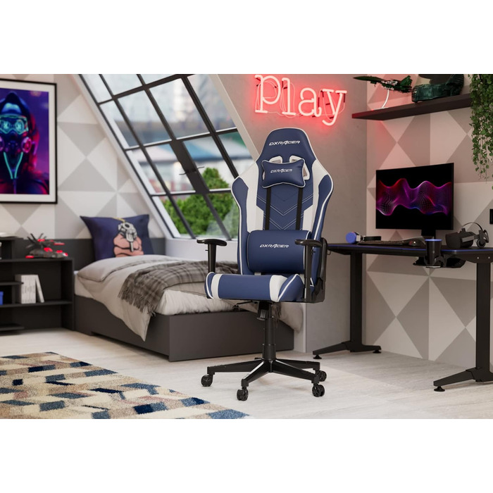 Ігрове крісло DXRacer PRINCE L, синьо-біле, оригінал, штучна шкіра PVC