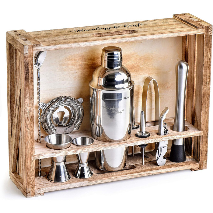 Набір для приготування коктейлів Mixology & Craft Cocktail Shaker Set 11-tlg. з нержавіючої сталі з барним аксесуаром - сріблястий, коричневий, дерево