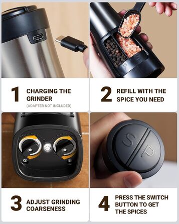 Електричний набір млинків для солі та перцю 2 в 1 Sangcon, USB-зарядка, автоматичний помол однією рукою, керамічні жернова з підсвічуванням, колір Metallic Gunmetal