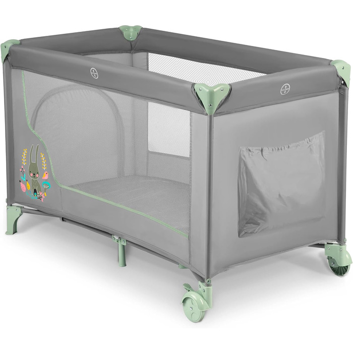 Дитяче ліжечко-манеж Ricokids, складне, з матрацом, 125x65x78 см, 15 кг, дві колеса з гальмами, знімний бічний вхід, сумка, світло-сірий та м'ятний колір