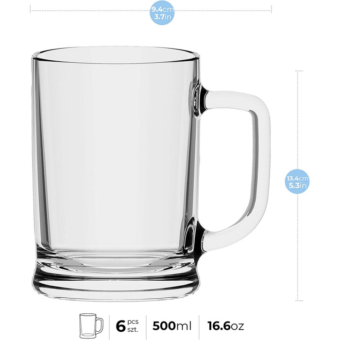Набір скляних пивних кухлів TREND FOR HOME 0,5 л, 6 шт, зручна ручка, прозорий