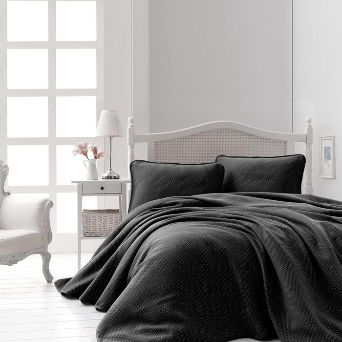 Комплект покривал Şaheser Liv, 3 предмети, 240x260 см, 100% бавовна, антрацит, покривало на ліжко + 2 наволочки 50x70 см, для спальні та вітальні