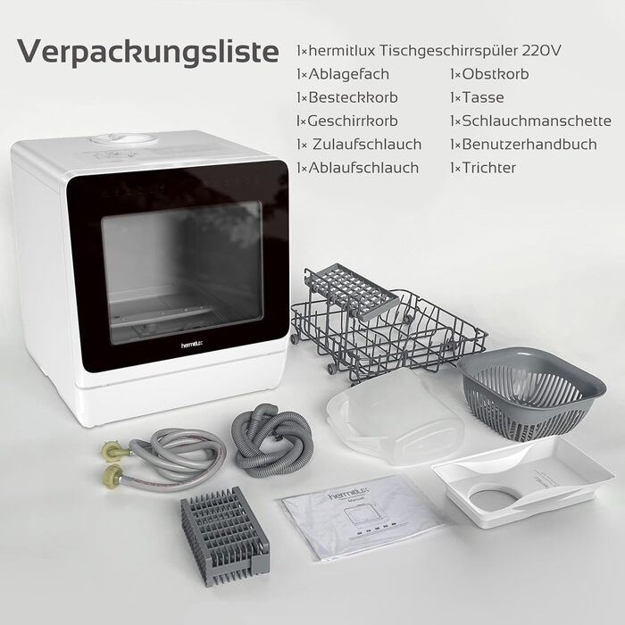 Компактна посудомийна машина Hermitlux для кухні, 7+3 програми, 5 комплектів посуду, 5л бак, таймер, блокування від дітей, енергоклас D