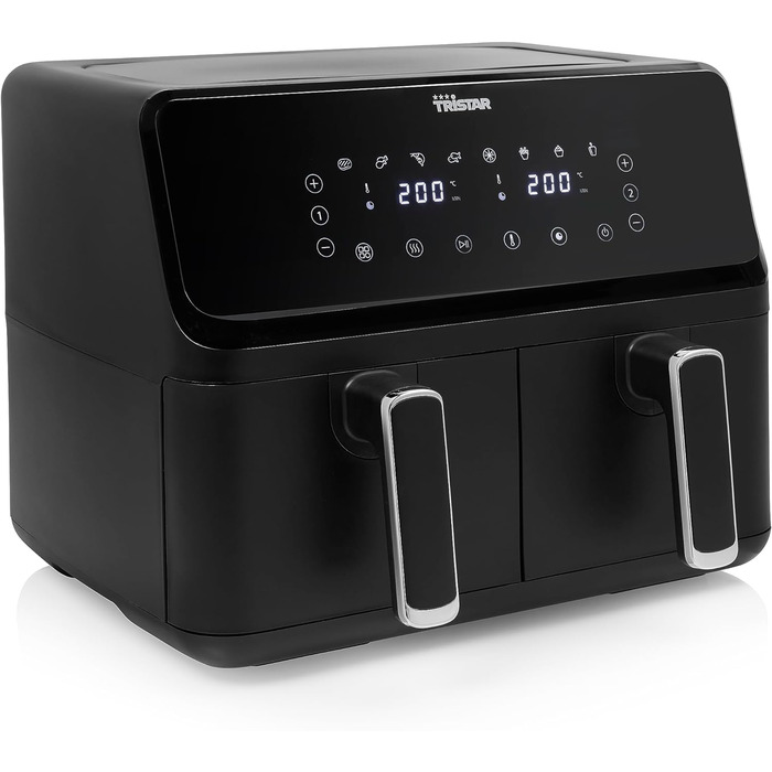 Tristar цифрова аерофритюрниця з подвійною чашею, 2 × 4 л, 2700 Вт, 8 програм, незалежне регулювання температури, чорна