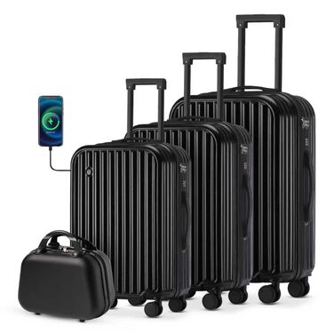 Набір валіз Tiyfiy 4 в 1 з жорстким корпусом, косметичка, USB-порт, TSA-замок, 360° колеса, чорний