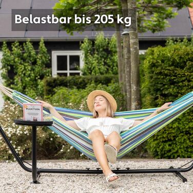 Гамак Vita5 з підставкою – великий, бавовняний (80%) та поліестеровий (20%) для саду, балкону, тераси, кемпінгу. Синьо-зелений, з сумкою для транспортування