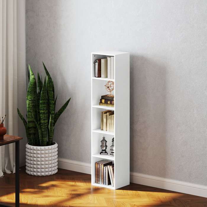 Стелаж для книг, 5 відділень, регульовані полиці, дерево, 30 x 24 x 133,5 см, білий