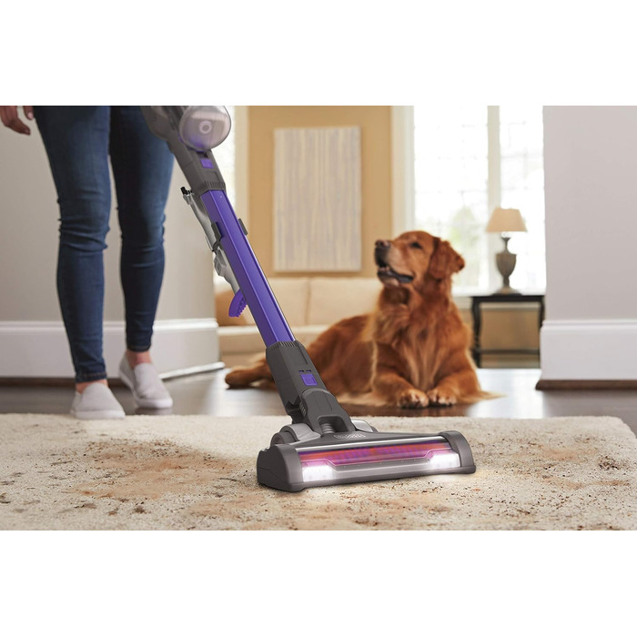 Акумуляторний пилосос BLACK+DECKER 4в1 для дому та тварин, 36В, 2.0А·год, без мішка, з електрощіткою для шерсті, 2в1 щілинна насадка, настінне кріплення, сріблясто-фіолетовий