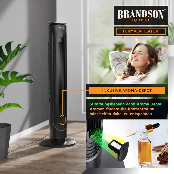Вентилятор вежний Brandson з пультом, аромадифузором, нічним режимом, таймером, 5 швидкостей, LED дисплей