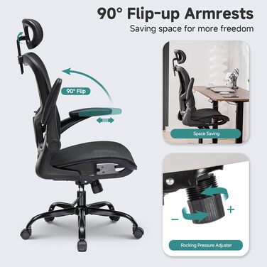 Ергономічне офісне крісло COMHOMA для комп'ютера, сітчастий стілець для дому та офісу з адаптивною підтримкою попереку, регульованим підголівником, навантаження до 150 кг, світло-чорний