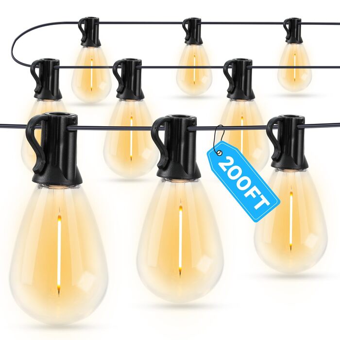 LED гірлянда вулична GvvooHome 60м, водонепроникна, 62 лампи S11, теплий білий 2700K, для тераси, саду, веранди