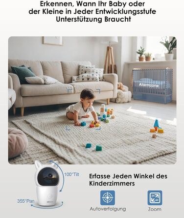 Відеоняня з камерою 2K HD Wi-Fi Babyphone з додатком, 360° огляд, 4x Zoom, нічний режим, датчик руху/плачу/звуку, термометр, чорний - 1 камера