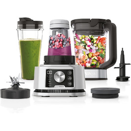 Блендер Ninja Foodi Power Nutri Mixer 3-в-1, 1200 Вт, автоматичні програми, для смузі, густих намазок і заморожених напоїв, 2,1 л глечик, 700 мл стакан і 400 мл чаша з Power-мішалкою, сріблястий, CB350EU