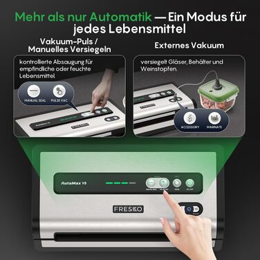 Вакууматор FRESKO AutoMax для продуктів, 140 Вт, 18 л/хв, з вбудованим різаком для пакетів, сріблястий