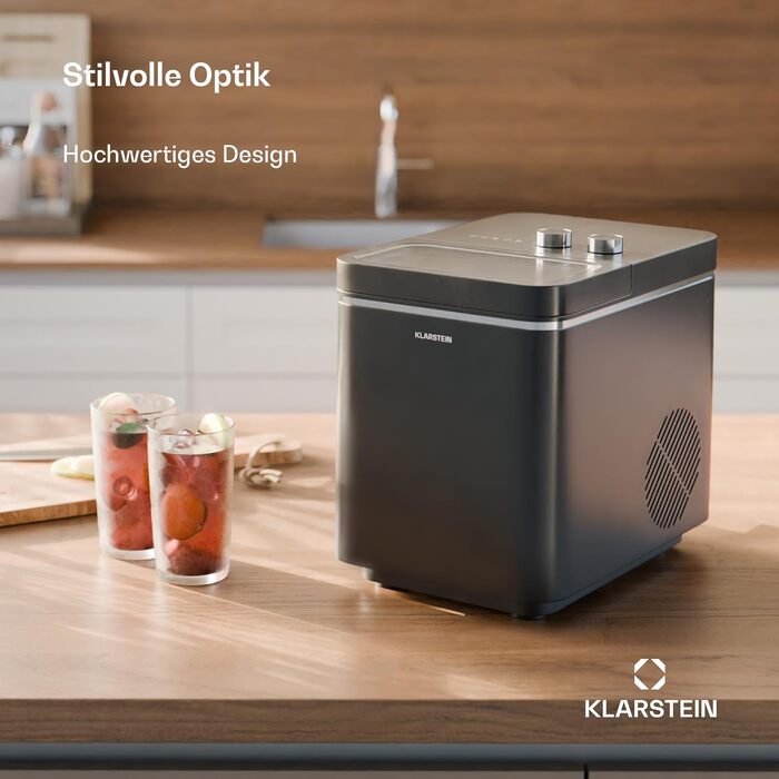Льодогенератор Klarstein IceCraft 12 кг/24 год, швидке виробництво льоду (6 хв), 2 розміри, автоочищення, для кухні та бару, 150 Вт, чорний