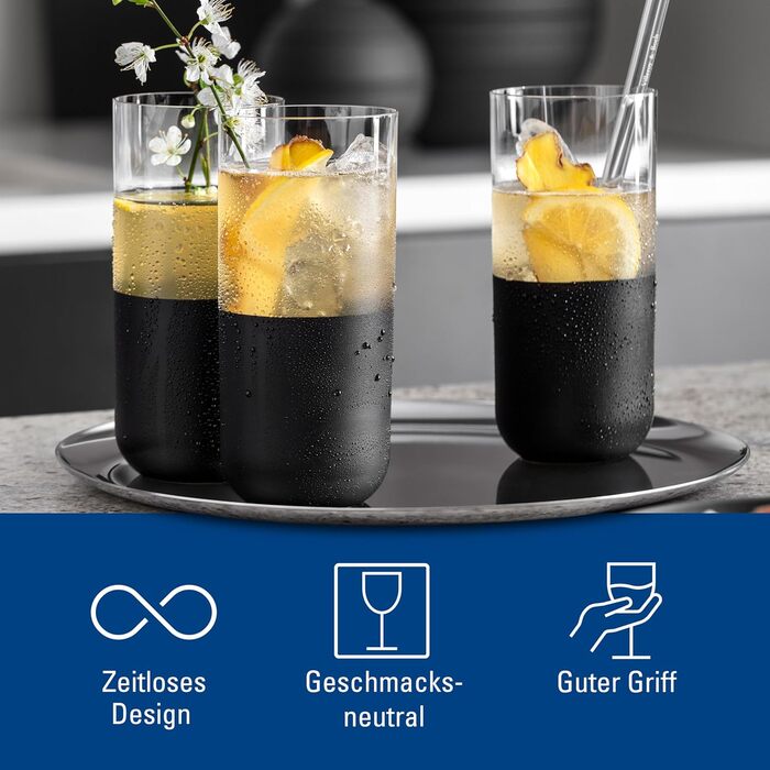 Набір склянок Villeroy & Boch Manufacture Rock: 4 шт, 300 мл, матовий чорний, ручне розписування, для коктейлів, лонгдрінків, мохіто, кайпіріньї, кришталеве скло