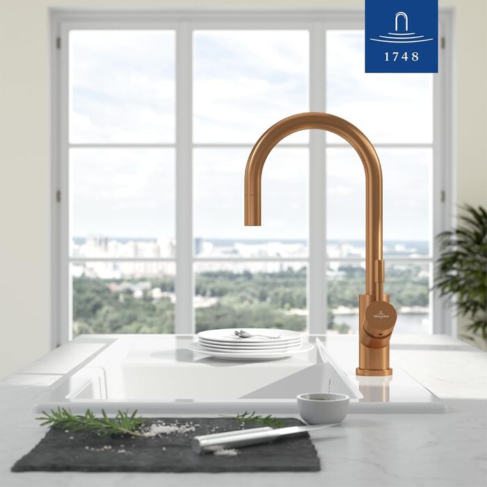 Змішувач кухонний Villeroy & Boch Umbrella Flex з висувним душем, бронзовий, високий вилив 220 мм