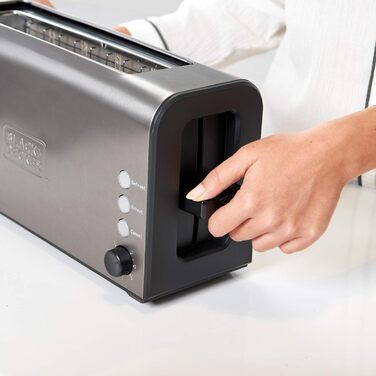 Тостер BLACK+DECKER BXTO1000E 1000Вт з нержавіючої сталі, екстра довгий і широкий слот, 7 режимів, автоцентрування, функції: стоп, підігрів, розморожування, без зажимів