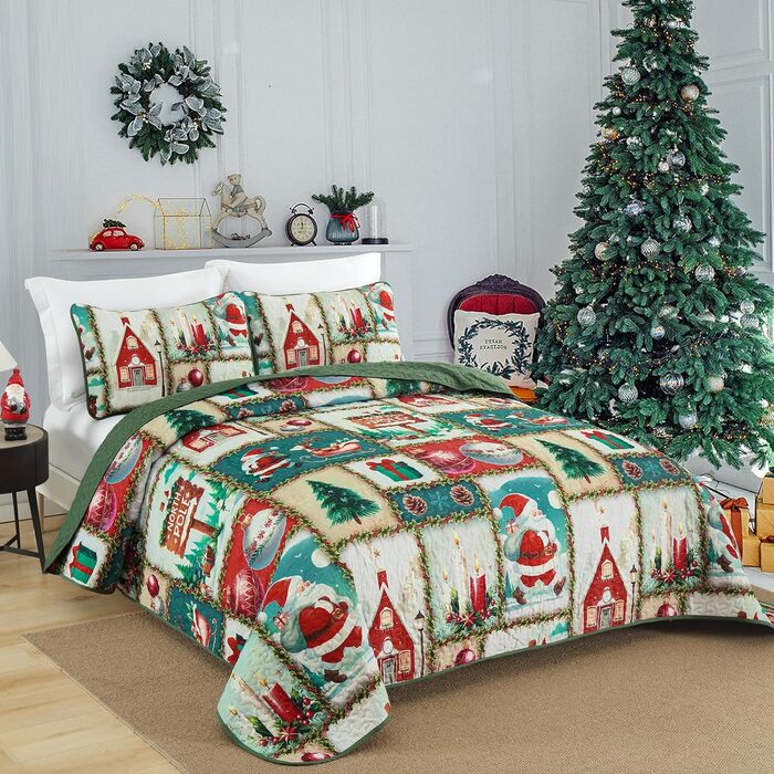 Покривало WONGS BEDDING 240x260 см, стьобане, мікрофібра, комплект 3 предмети: покривало та 2 наволочки 50x75 см, зелений різдвяний малюнок ялинка та олень, для двоспального ліжка