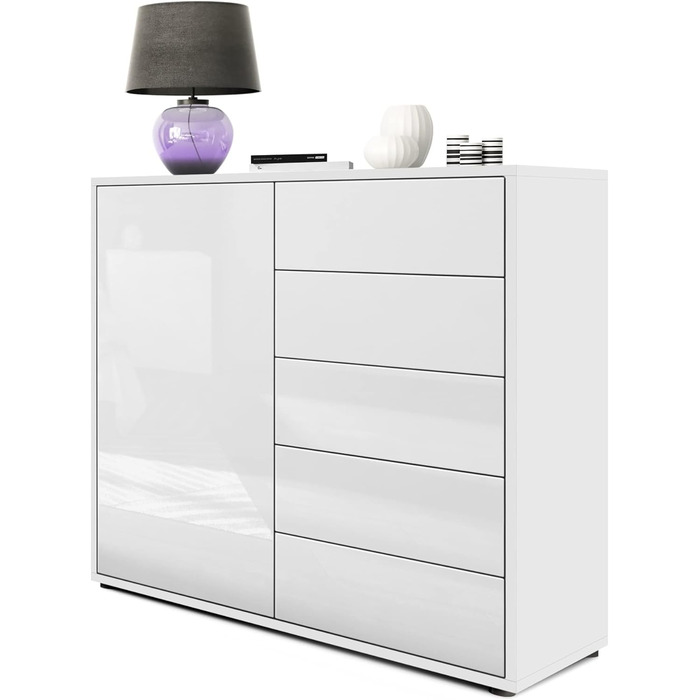 Комод Vladon Ben V2, білий матовий/глянцевий, 1 дверцята, 5 шухляд, 79x74x36 см, Німеччина