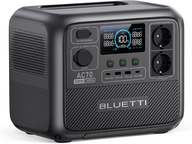Портативна електростанція BLUETTI AC70, ємність 768 Wh, номінальна потужність 1000 W, пікова потужність 2000 W