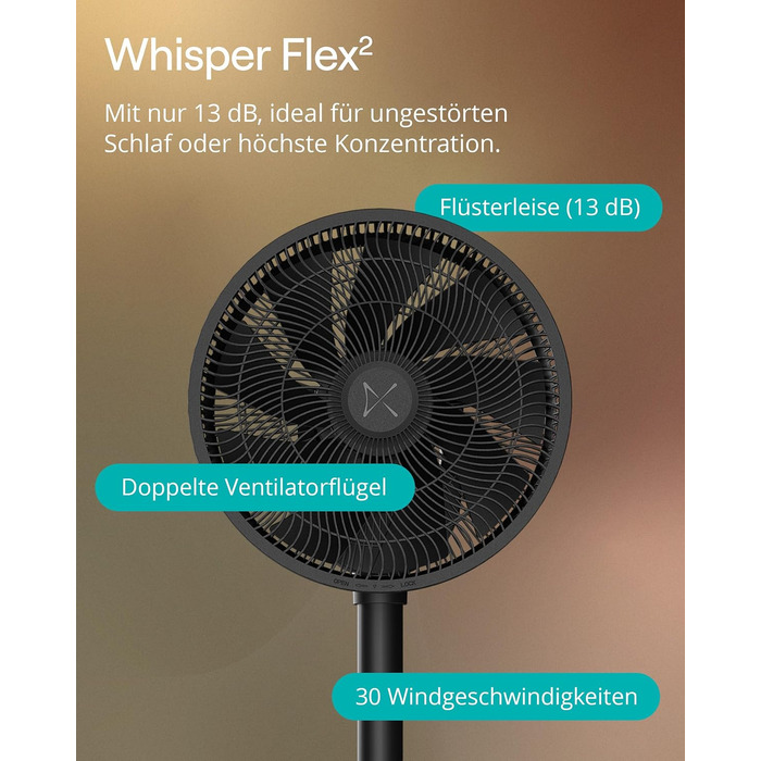 Duux Whisper Flex 2 Smart Вентилятор - Тихий (13 дБ), Нічний режим, Таймер, Регульована висота (54-92 см), Енергоефективний, Керування через App та Пульт - Чорний
