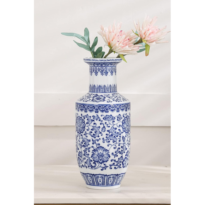 Ваза синьо-біла керамічна Chinoiserie 25.4 см для дому, декор для вітальні, полиці, каміна