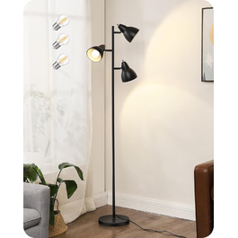 Торшер EDISHINE 163 см, 3 лампи, чорний, з LED-лампою E27, регульований, вінтажний, для вітальні, спальні, офісу, з індивідуальними вимикачами, сучасний дизайн, лампа у комплекті