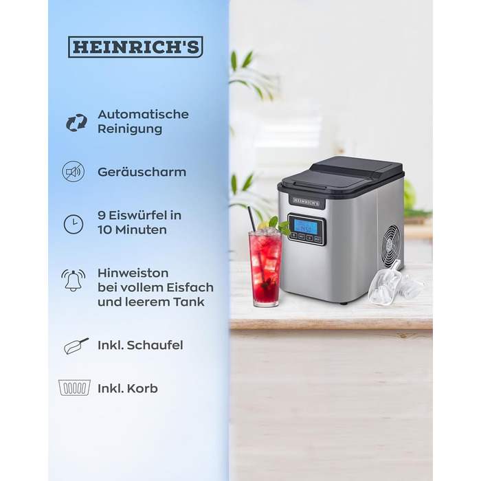 Машина для льоду HEINRICHS, льодогенератор з таймером, 3 розміри кубиків льоду, LCD-дисплей, резервуар 2,2 л, автоматичне очищення, нержавіюча сталь, 120 Вт