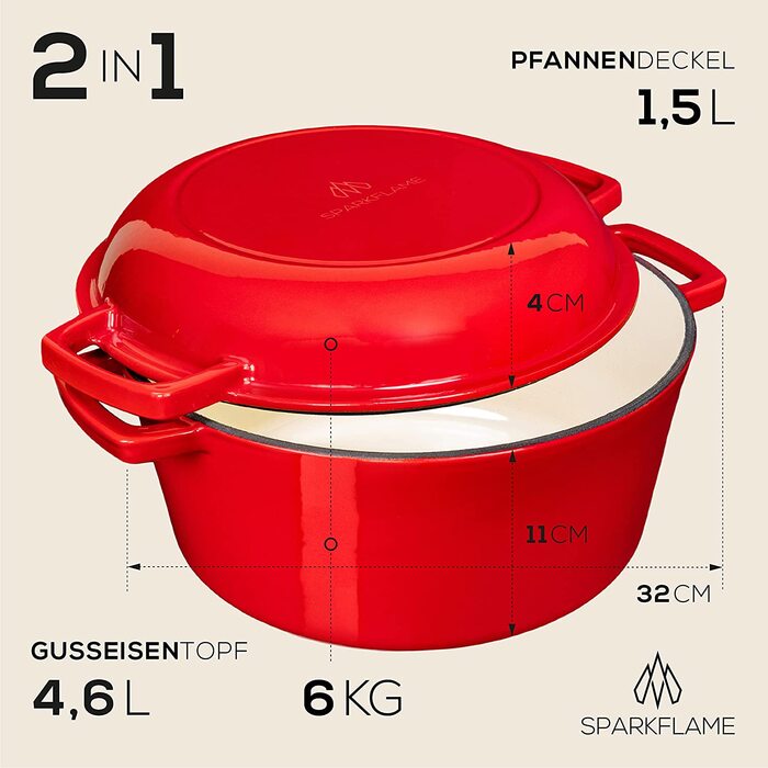 Чавунний казанок Sparkflame 2-в-1 для випікання хліба, 4,6 л, 26 см, для індукційної плити, ідеально підходить як жаровня, гусятниця, форма для хліба або сковорода