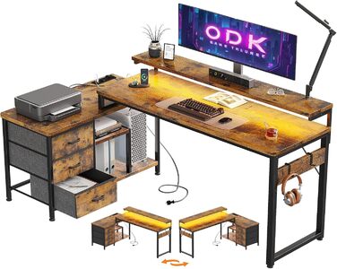 Кутовий стіл ODK з ящиками 174x100 см, з полицею, реверсивний, для геймінгу, офісу, дому, коричневий